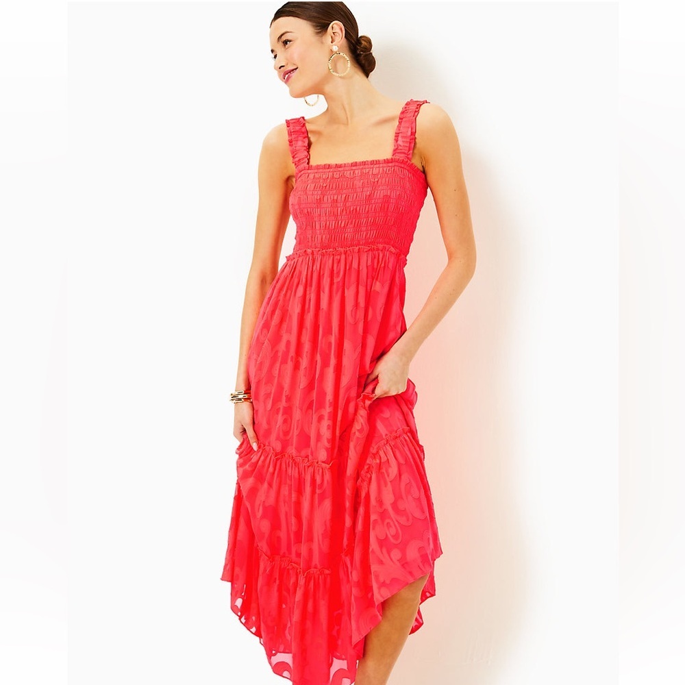 Lilly Pulitzer Coral Maxi Dress with Smocked Bodice - Picture 3 of 16